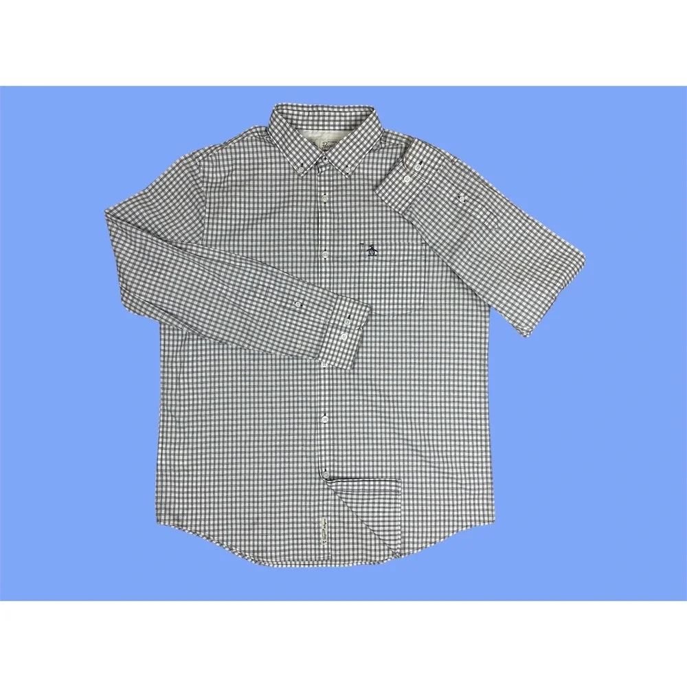 Orig Penguin Gingham Button Down Shirt Men's L/G Blue White Long‎ Sleeve Pocket